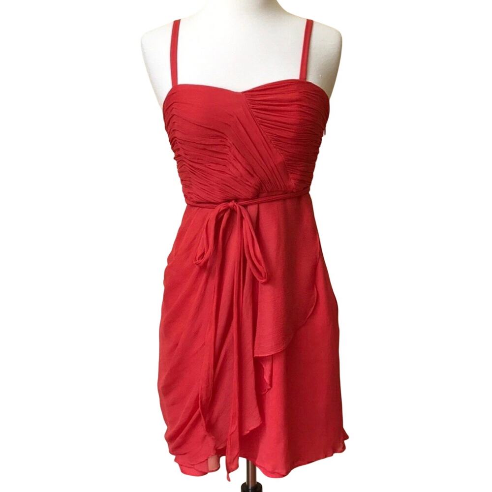 J. Crew Silk Chiffon Coral Red Cocktail Dress Sweetheart Neck Tie Belt Sz 4